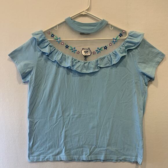 Lazy Oaf Grumpy Cat Mesh Ruffle top Tunic Womens Small Powder Blue - Picture 1 of 8